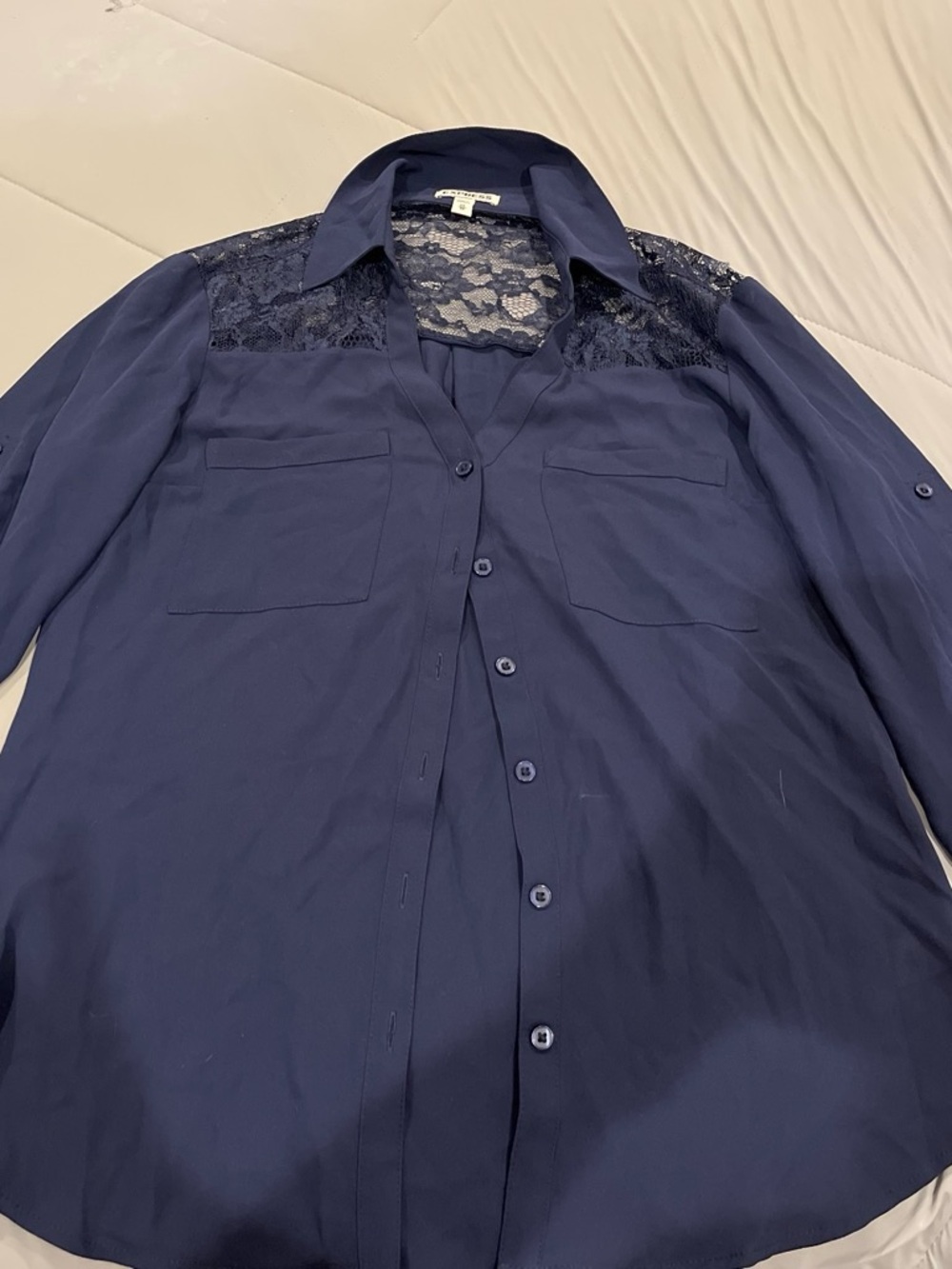 Express Men's Navy Button-Down Shirt with Lace Yoke